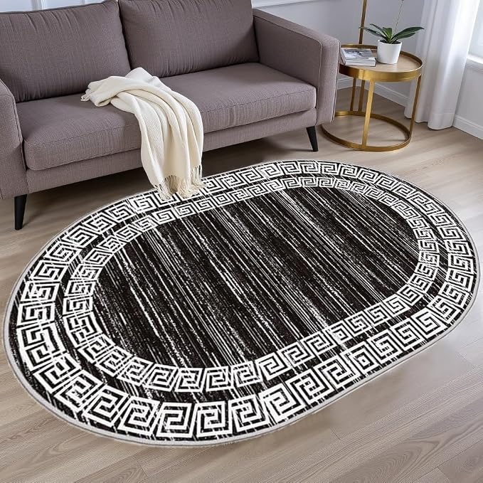 Minimalist Distressed Black Off White Greek Key Pattern Bordered Rug 10x14 - Image 2