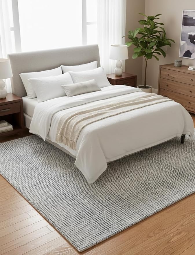 Hand-Tufted 100% Wool Pile Area Rug – Geometric Textured Grid Check Pattern – - Image 4