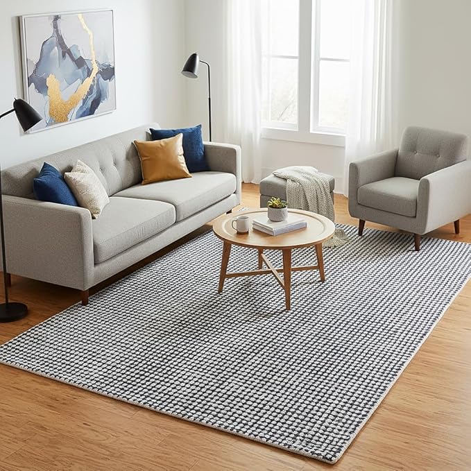 Hand-Tufted 100% Wool Pile Area Rug – Geometric Textured Grid Check Pattern – - Image 2