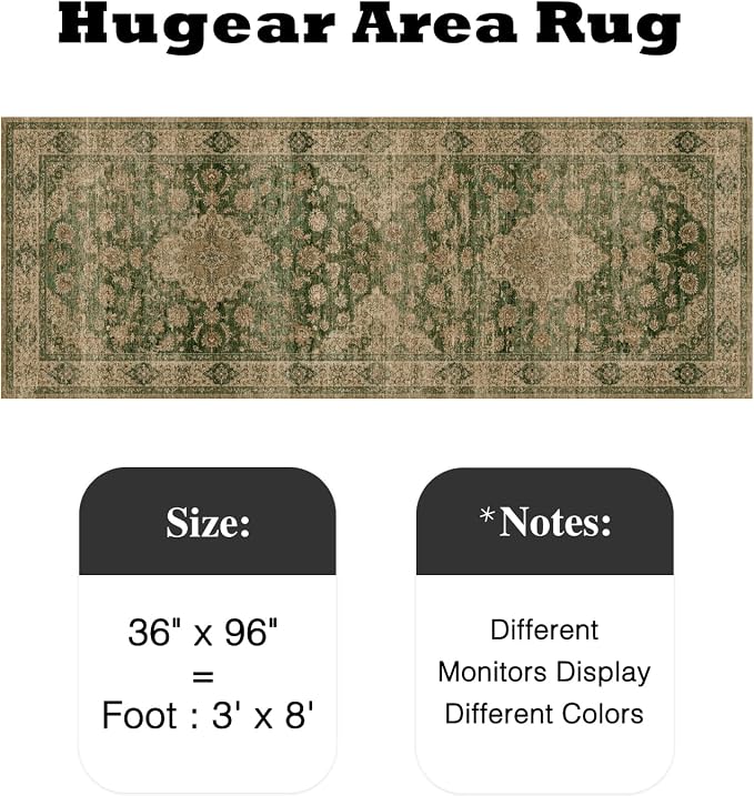 HUGEAR 3x10 Runner Rug Hallway Machine Washable Retro Green Vintage Floral Low - Image 2