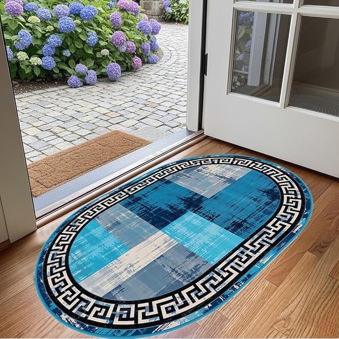Blue Grey Black Greek Key Pattern Bordered Design Large Carpet - Image 4