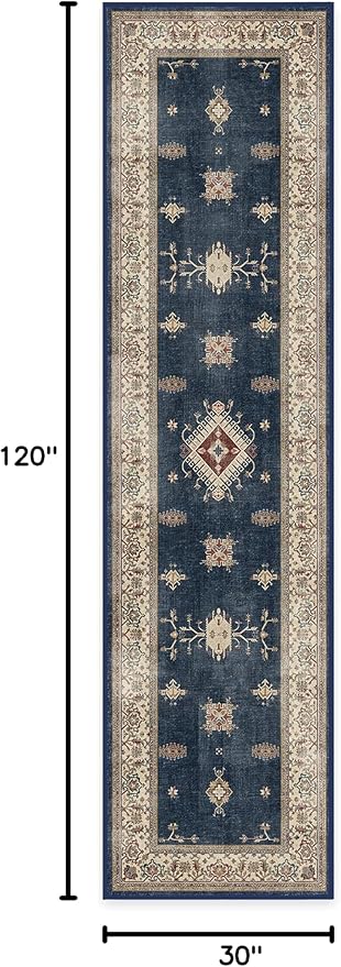 RUGGABLE Washable Vintage Runner Rug – Verena Sapphire 2.5x10, Stain-Resistant - Image 3