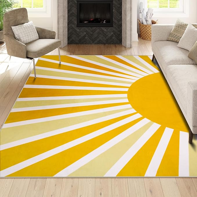 Lahome Yellow Rainbow Sun Area Rug: 9'x12' Ultra-Thin Machine Washable & by Lahome