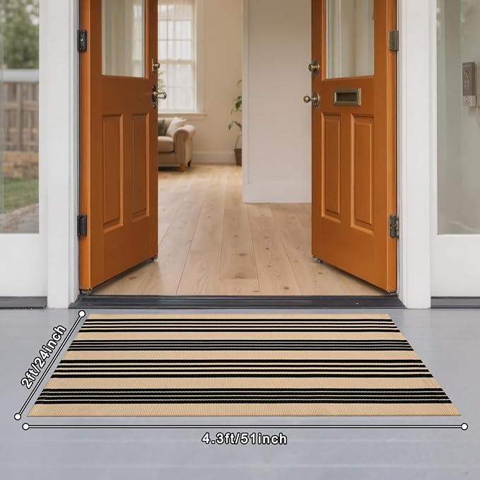 Striped Outdoor Front Door Mat 24"x51", Cotton Hand Woven Washable Black and - Image 2