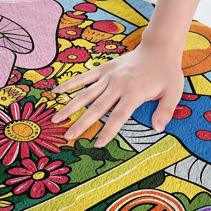 Kawaii Mushroom Bathroom Rugs Boho Sun Bath Mat Hippie Groovy Floral Non Slip - Image 5