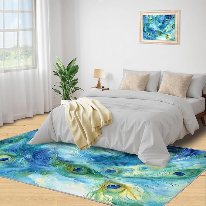 Peacock Feather Rug 5x6-5x6 Rug, Teal Turquoise Area Rugs - Image 4