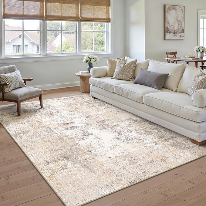 6x9 Washable Area Rug Beige Grey Abstract Living Room Bedroom Throw Rug Neutral - Image 5