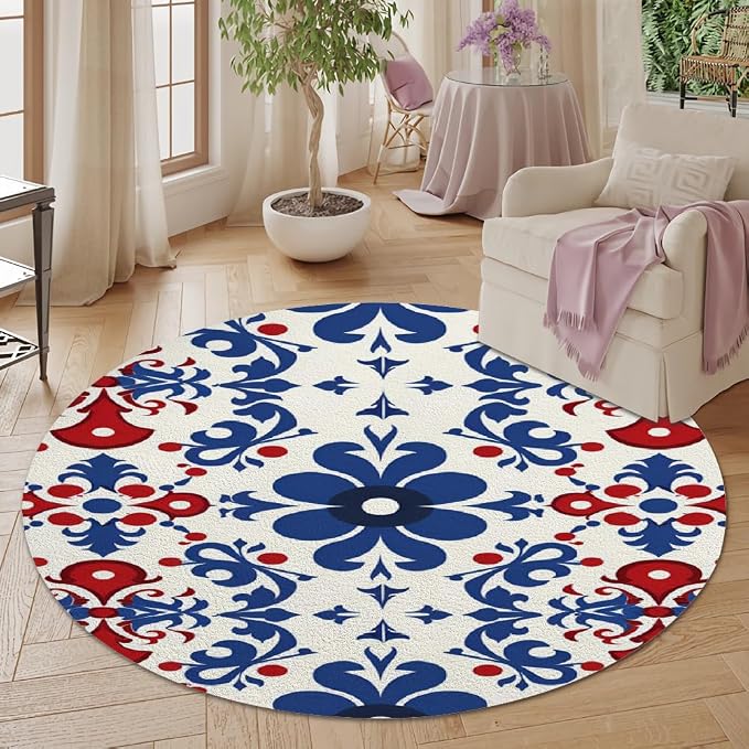 Vintage Blue Flowers Washable Round Rugs Oriental Tribal Floral Circle Rugs - Image 5