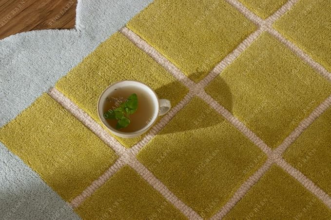 Checkered Wool Area Rug with Scalloped Border, Chartreuse Green & Cream Grid - Image 8