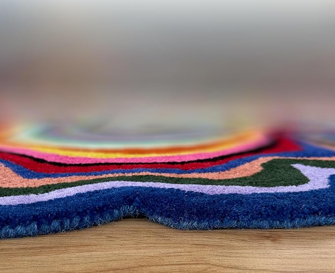 Irregular Shaped Handmade Wool Rug | Modern Colourful Stripe Premium Area Rug - Image 5