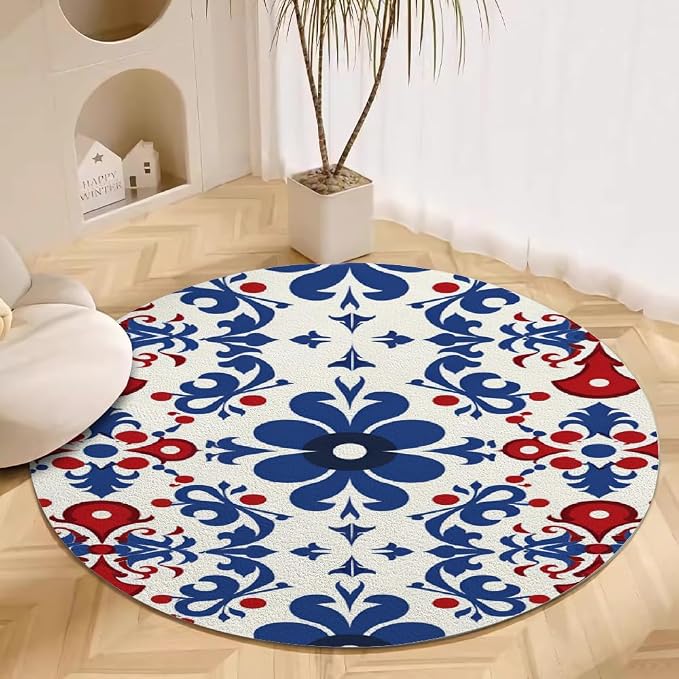 Vintage Blue Flowers Washable Round Rugs Oriental Tribal Floral Circle Rugs by Unknown