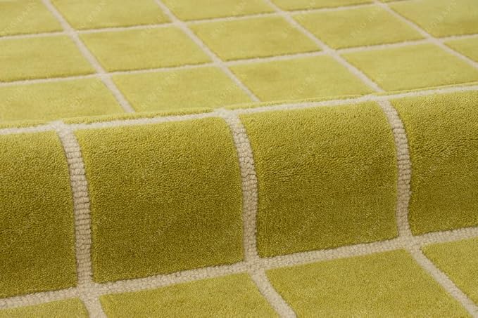 Checkered Wool Area Rug with Scalloped Border, Chartreuse Green & Cream Grid - Image 9