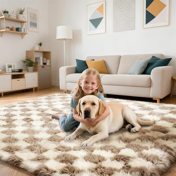 Checkered Rug for Bedroom, 3x5 Beige and White Area Rugs, Classic Checkered - Image 5