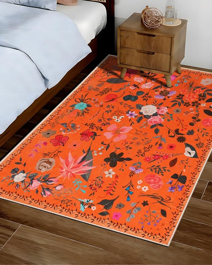 Boho Washable Area Rug 4x6 – Floral Low Pile Non-Slip Carpet - Image 7