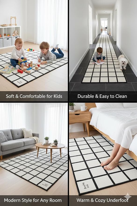 Handmade Wool Area Rug & Runner | Modern Grid Pattern Carpet - Image 3