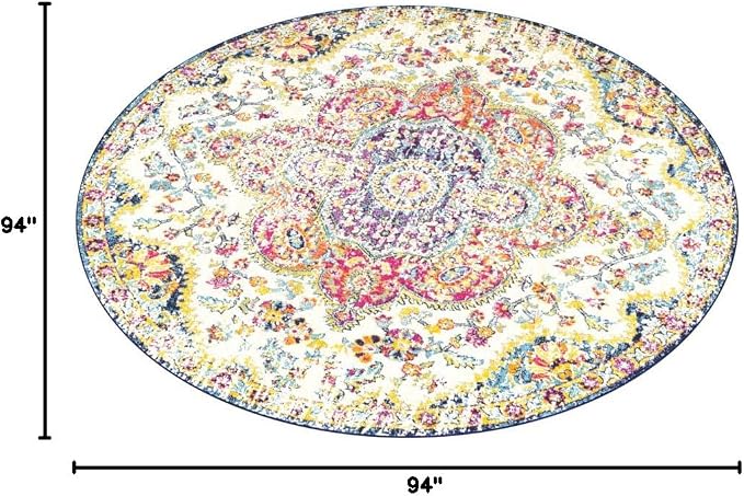 Livabliss Area Rugs - 8ft Round Romaine Vintage Boho Fuchsia Mustard Blue Round - Image 3