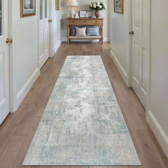2x7 Washable Runner Rug Blue Cream Abstract Hallway Kitchen Throw Rug Neutral - Image 3