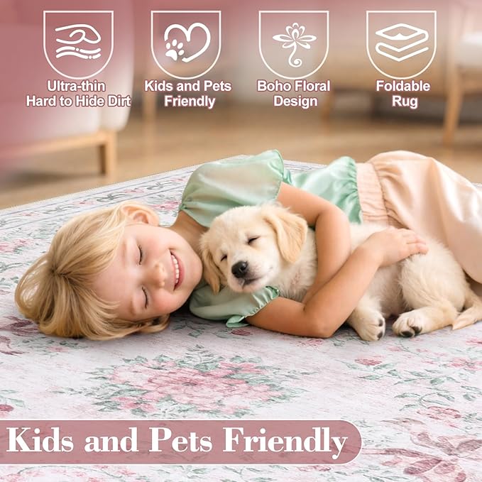 Wonnitar Floral Bow Print 8x10 Area Rugs, Washable Pink Rugs - Image 6