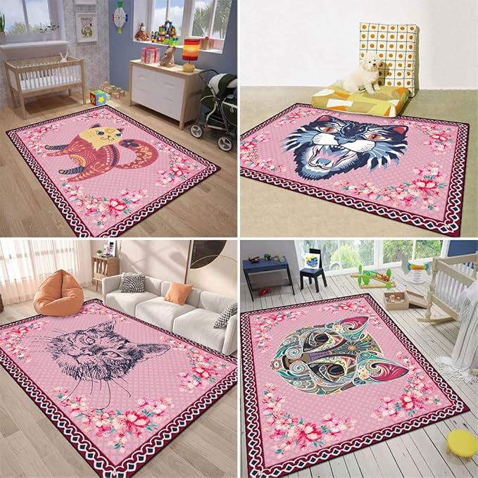 Cartoon Animal Pattern Area Rug Cute Cat Luxury Floral Decor - Image 6