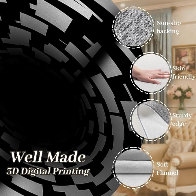 3D Illusion Swirl Area Rugs, Modern Abstract Grid Black Hole Living Room Carpet - Image 4