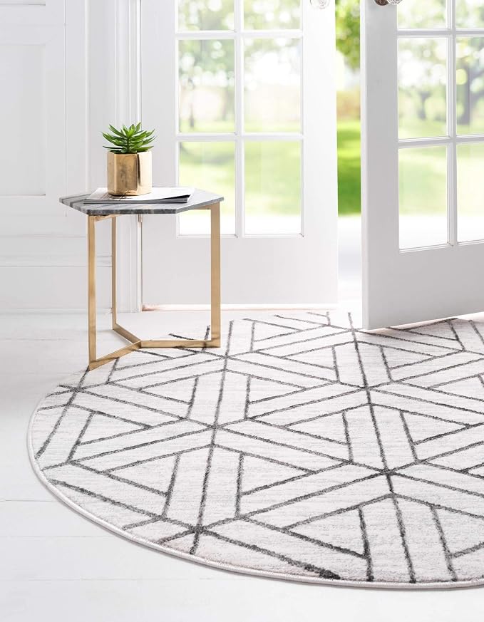 Rugs.com Lattice Trellis Collection Rug – 3 Ft Round White Low-Pile Rug Perfect by Rugscom