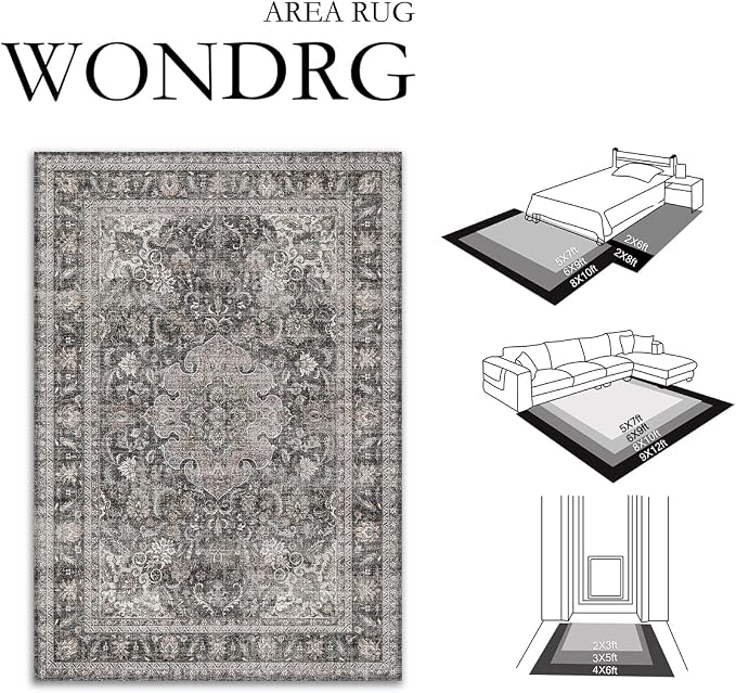 2x6 Washable Vintage Runner Rug Black Grey Hallway Kitchen Carpet Non-Slip Soft - Image 2