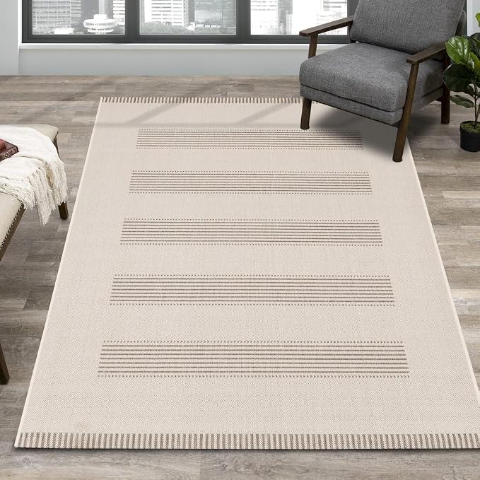 6x9 Rug with Modern Striped Pattern, Stylish Neutral Area Rug in Beige and Cream - Image 2