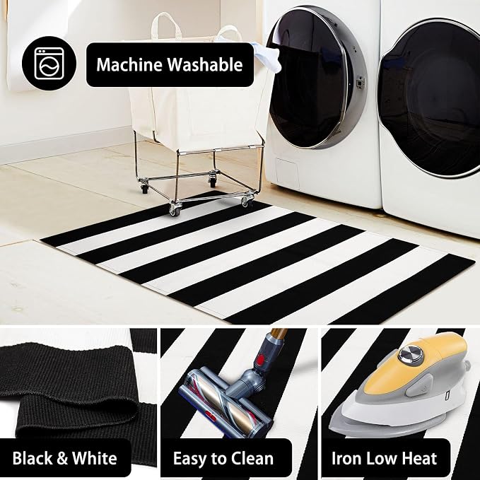 KOZYFLY Black and White Area Rug 27.5x43 Inches Striped Front Door Rug Cotton - Image 6