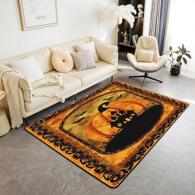 Halloween Pumpkin Large Area Rug 5x7 Spooky Haunted House Living Room Rug | - Image 6