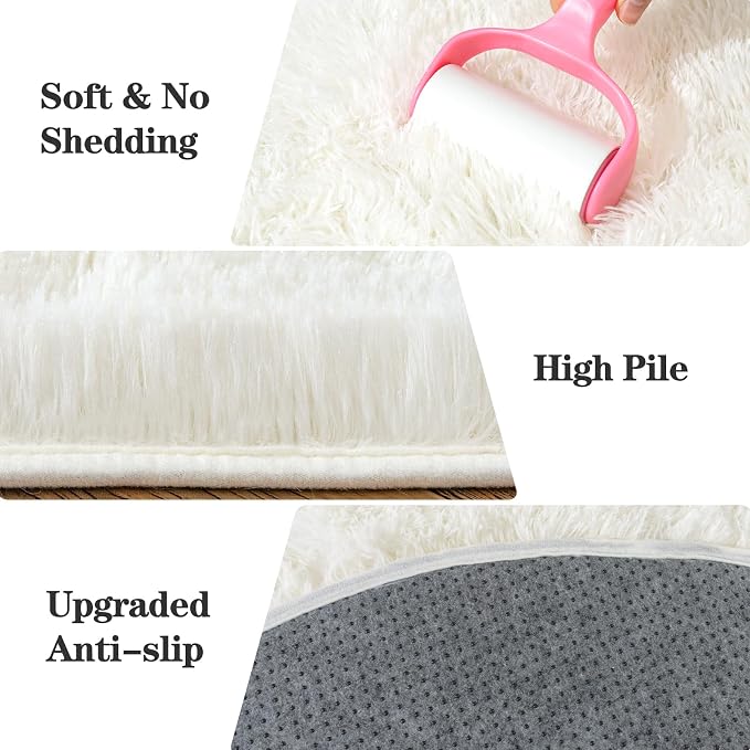 Soft Fluffy Rugs for Bedroom, Cream White Fuzzy Shaggy Oval Bedside Area Rug - Image 7