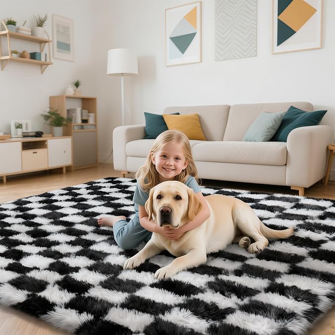 Checkered Rug for Living Room, 6x9 Black and White Area Rugs, Classic Checkered - Image 5