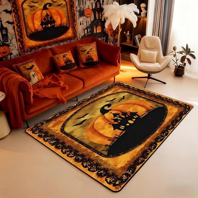 Halloween Pumpkin Large Area Rug 5x7 Spooky Haunted House Living Room Rug | by Erosebridal