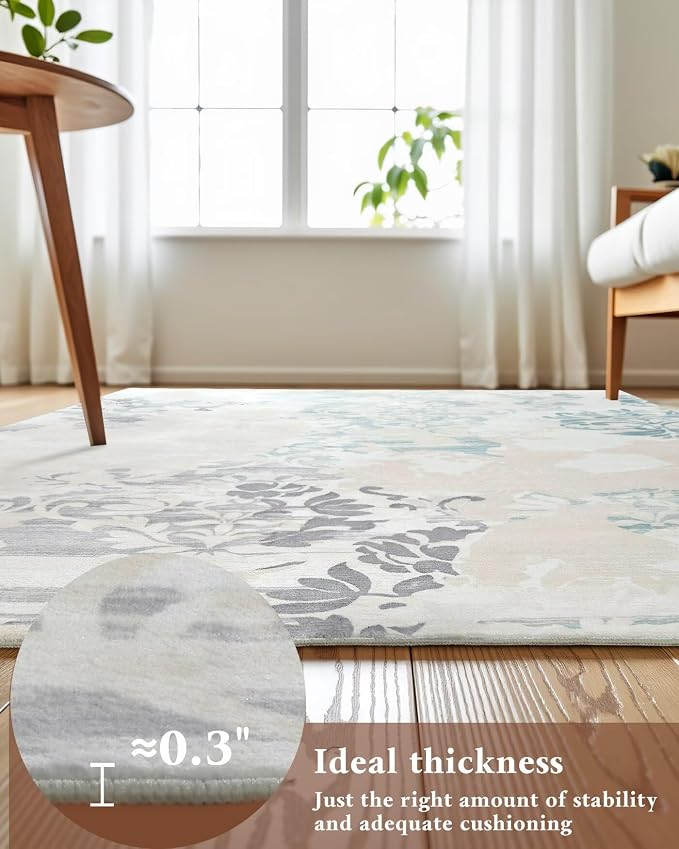 Washable Abstract Rug, 9x12 Ivory and Aqua Floral Area Rugs - Image 7