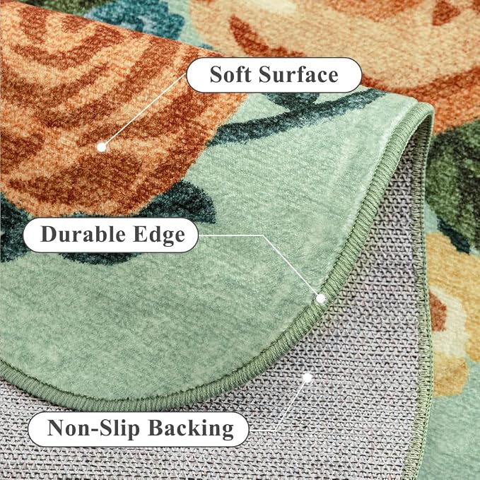 Washable Floral Area Rug 2x3 Green Small Entryway Carpet Scalloped Flower Non - Image 6