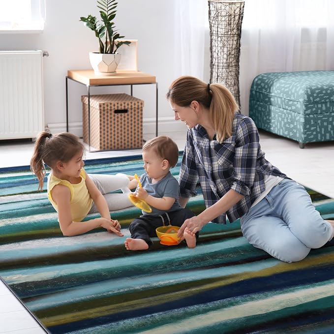 Abstract 3x5 Area Rug, Modern Stripe Teal Rugs - Image 9
