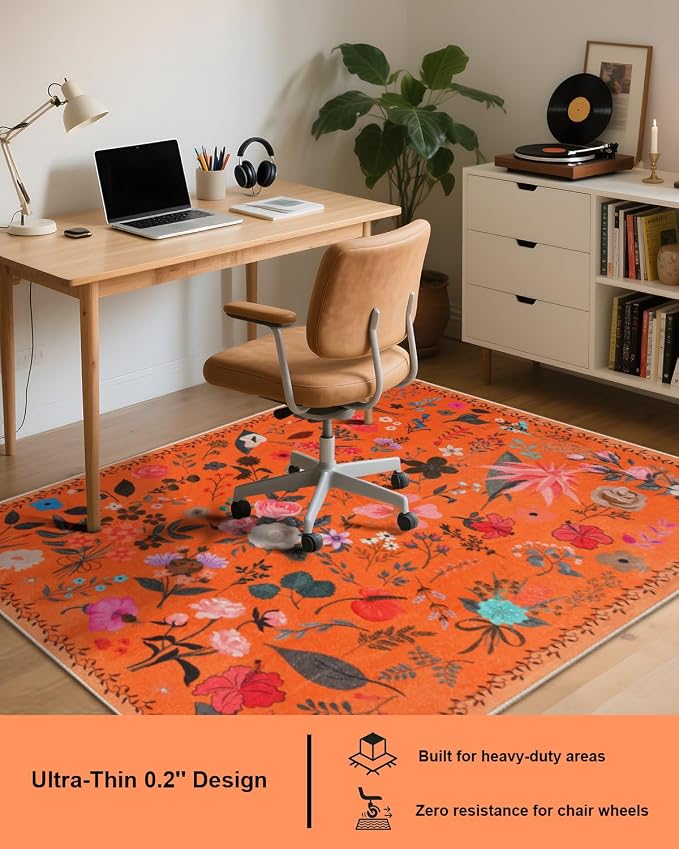 Boho Washable Area Rug 4x6 – Floral Low Pile Non-Slip Carpet - Image 2