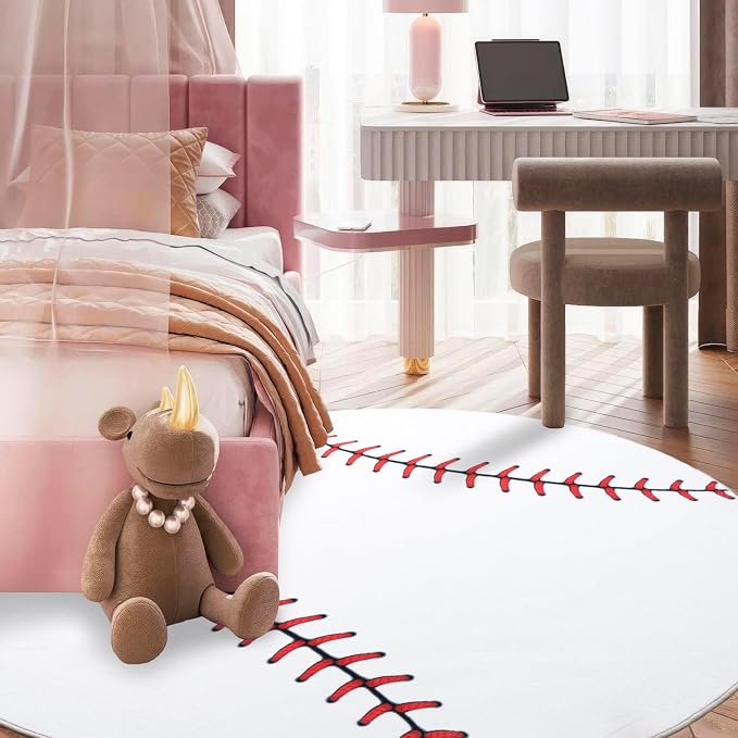Soft Round Rugs for Bedroom, Baseball Rug for Boys, Bedside Area Kids Carpet - Image 5