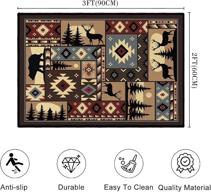 Rustic Cabin Wildlife Entrance 2x3 Rug, Buffalo Plaid Bear Moose Deer Country - Image 2
