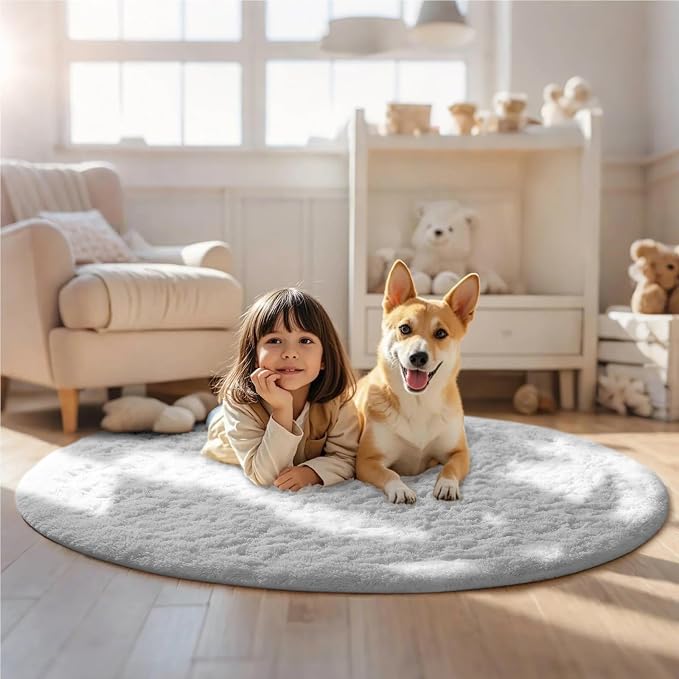 Ophanie Round Rug 6Ft White Circle Area Rug, Aesthetic Room Decor, Fluffy Fuzzy - Image 5