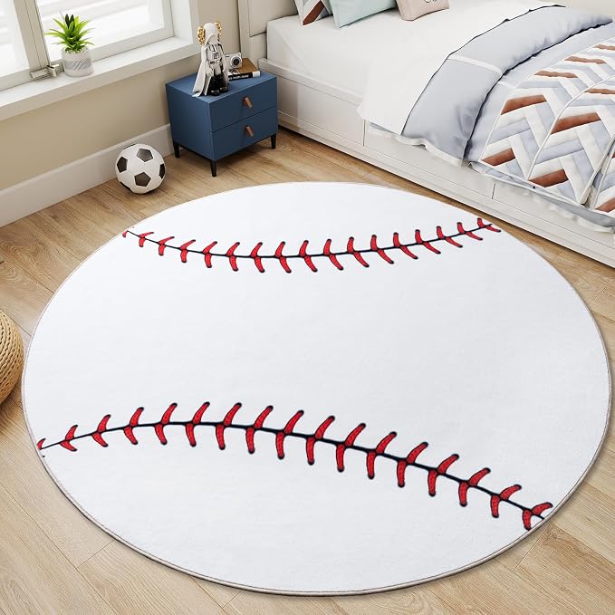 Soft Round Rugs for Bedroom, Baseball Rug for Boys, Bedside Area Kids Carpet - Image 2