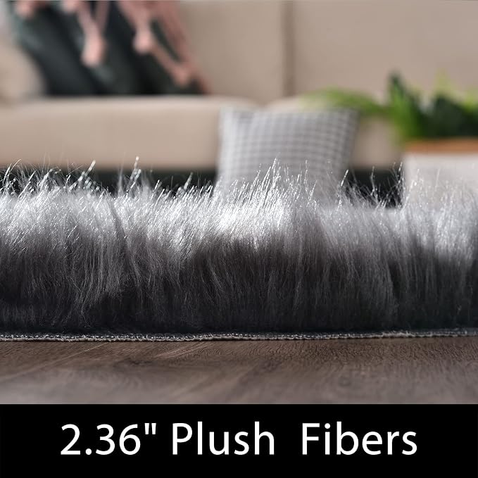 Latepis Dark Grey Faux Sheepskin Fur 2x8 Runner Rug - Image 2