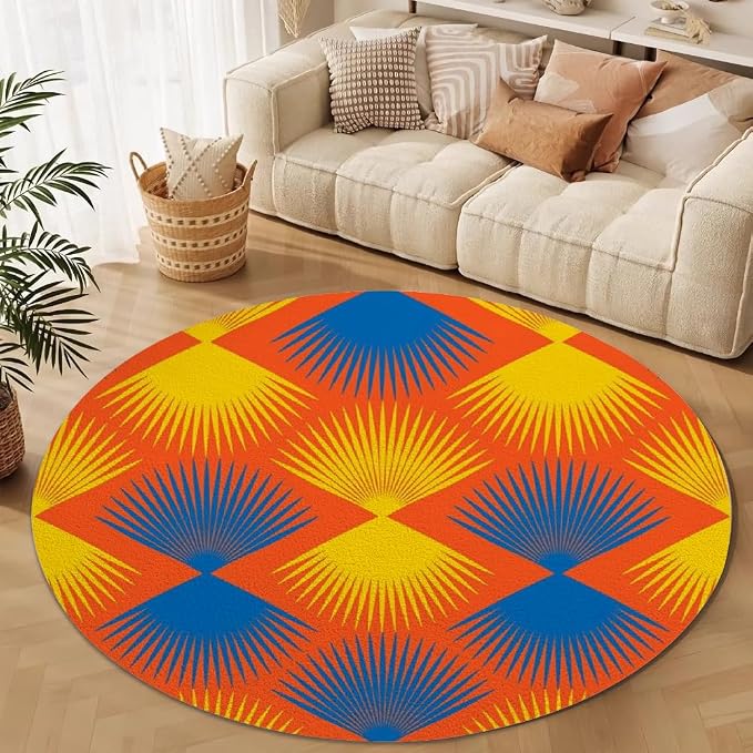 Vintage Blue Orange Round Rug Retro Pattern Print Area Rug Washable 5ft Circle - Image 3