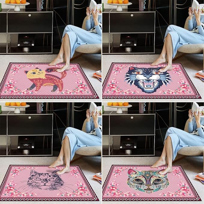Cartoon Animal Pattern Area Rug Cute Cat Luxury Floral Decor - Image 5