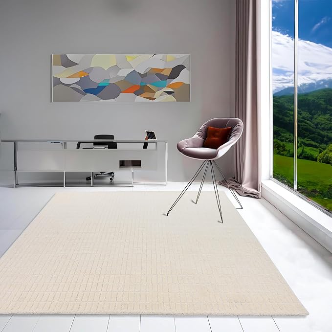 Hand-Tufted 100% Wool Area Rug – Unique Modern Geometric Grid Pattern, Soft - Image 2