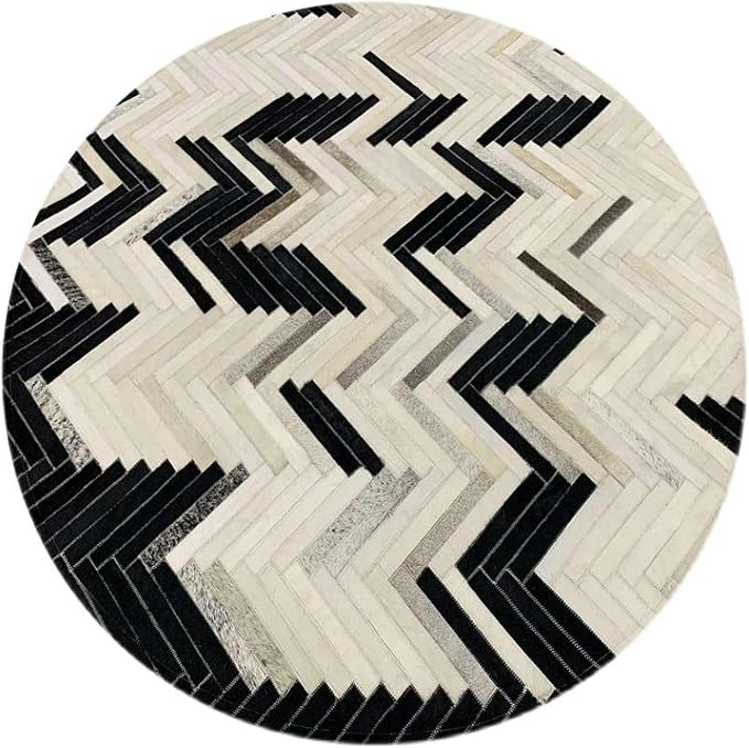 Round Cowhide Faux Leather Area Rug 7×7 ft – Black & White Modern Chevron - Image 4