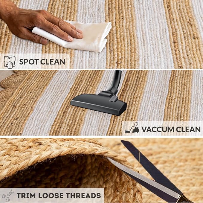 HOMEMONDE Scalloped Jute Area Rug 8'x10' Natural Stripe - Image 6