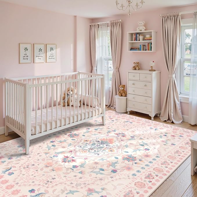 Wonnitar Boho Floral 8x10 Pink Area Rug, Washable Kids Rugs - Image 3
