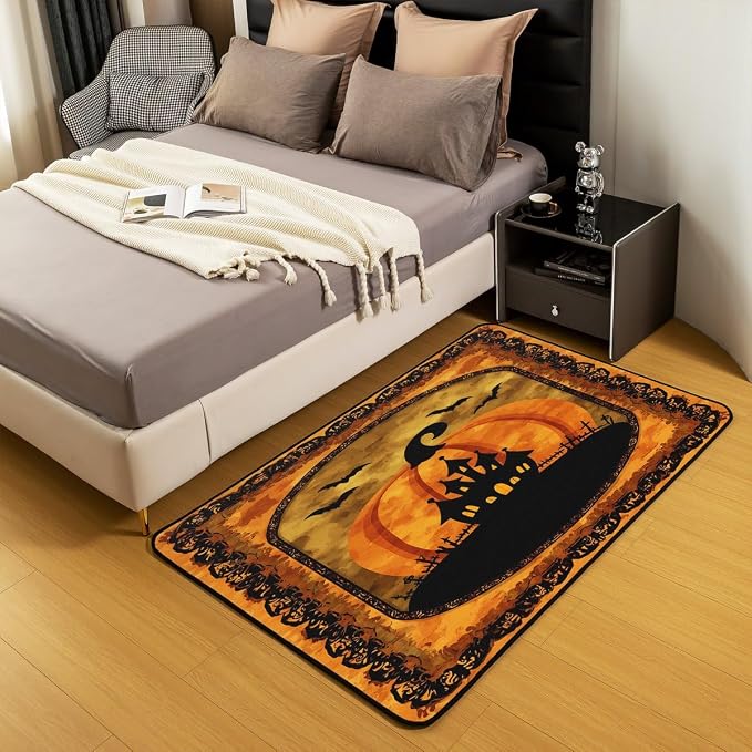 Halloween Pumpkin Large Area Rug 5x7 Spooky Haunted House Living Room Rug | - Image 5