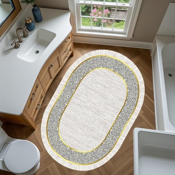 Off White Black Gold Indoor Rugs Modern Minimalist Abstract Geometric Pattern - Image 3