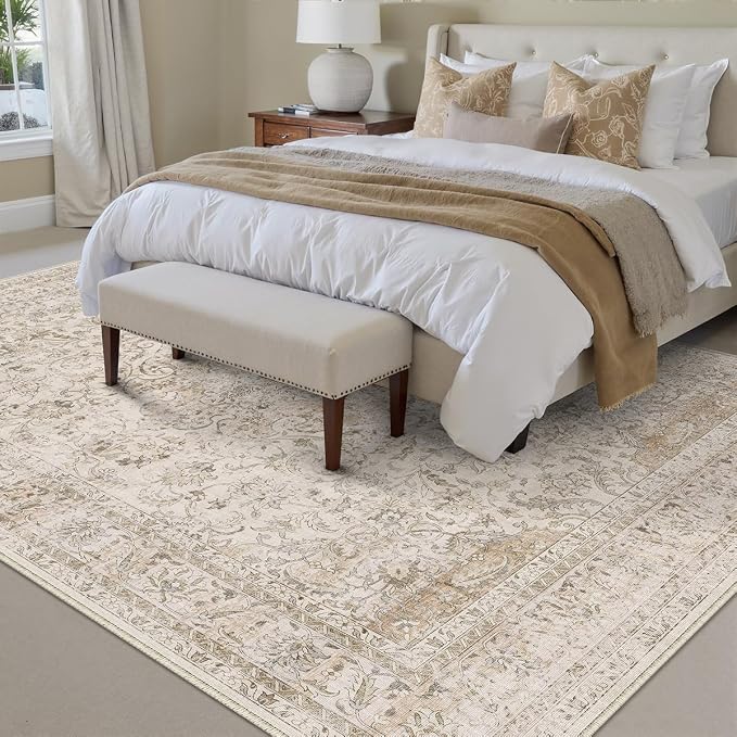10x12 Beige Area Rug Vintage Living Room Bedroom Washable Carpet Non-Slip Soft - Image 3